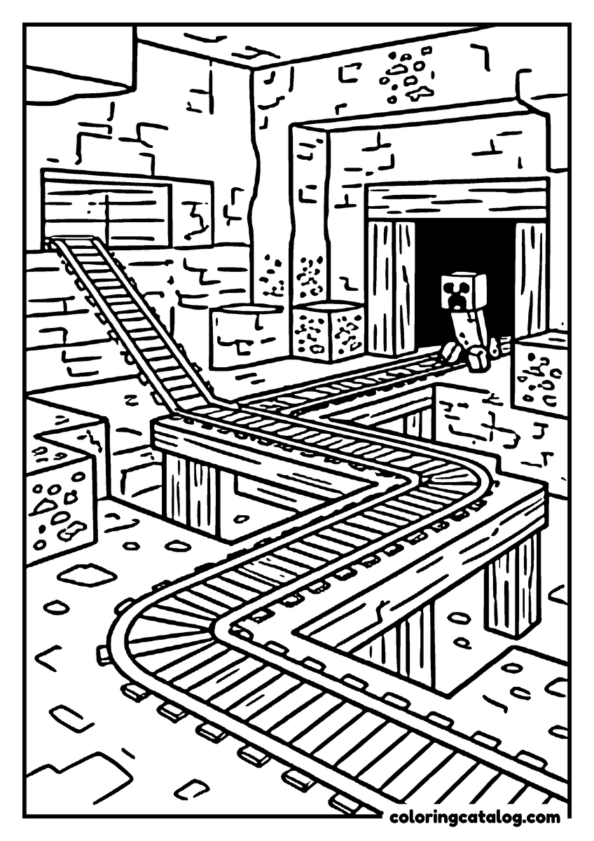 Free Minecraft coloring sheet: Minecart rails wind through a mine on wooden supports, with a creeper watching from a dark doorway