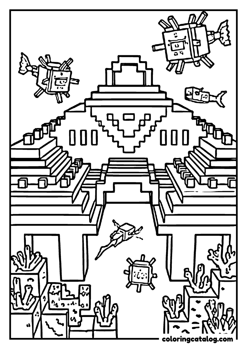Free Minecraft coloring sheet: A diver swims down towards a stepped underwater temple, with spiky guardians, a fish and coral around it