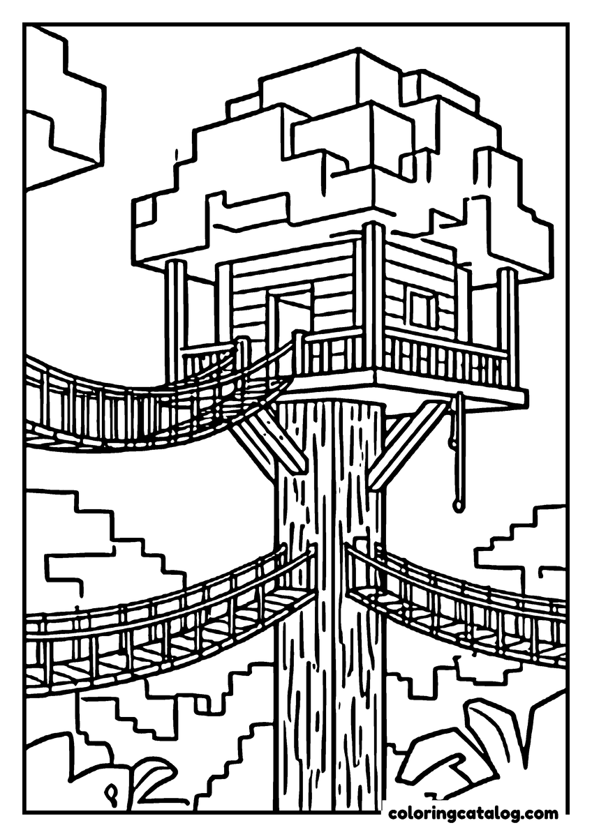 Minecraft coloring page: A wooden house built around the trunk of a tall tree, with three rope bridges running out from it