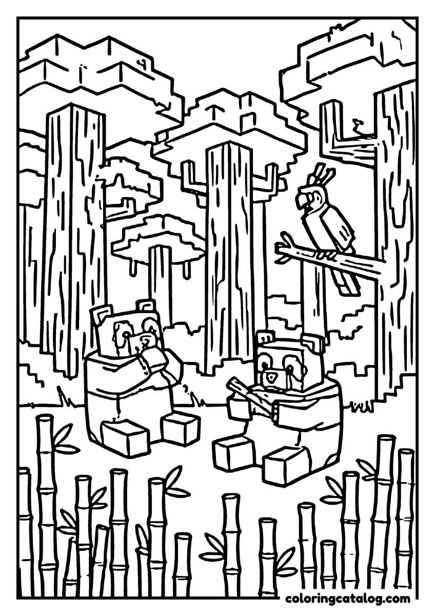 Free Minecraft coloring sheet: Two blocky pandas sit chewing bamboo in a bamboo forest, with a parrot perched on a branch above them