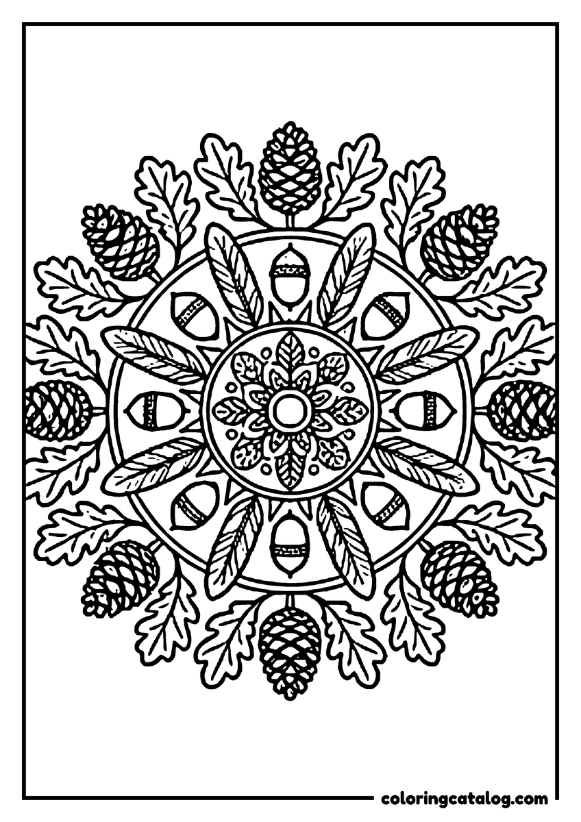 Nature coloring page of a mandala of oak leaves, acorns, pinecones and feathers