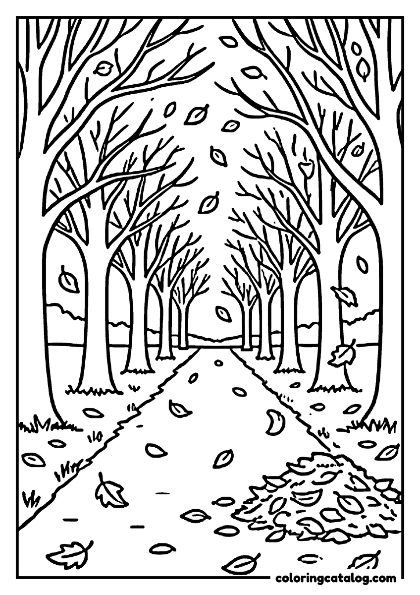 Nature coloring page of a path between two rows of trees with leaves falling