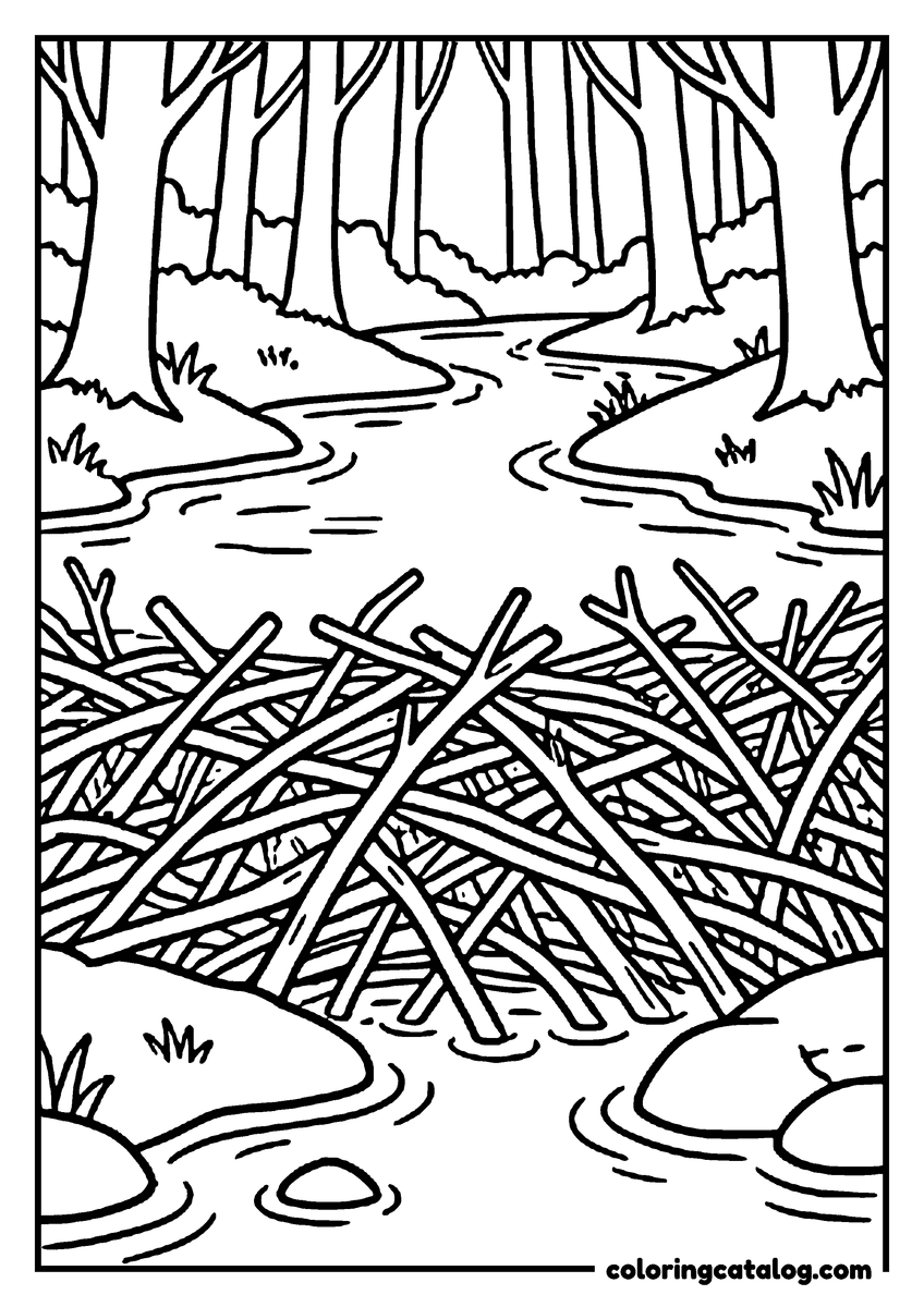 Nature coloring page of a beaver dam of piled sticks across a forest stream