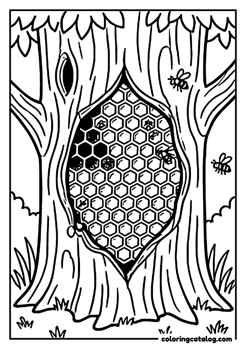 Nature coloring page of Honeycomb inside a hollow tree trunk with bees flying around