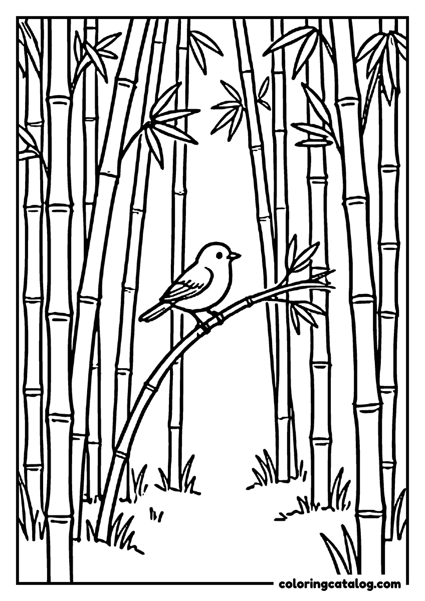 Nature coloring page of a small bird perched on a bent stalk in a bamboo forest