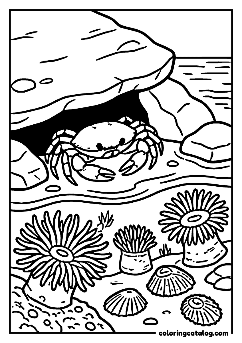 Nature coloring page of a crab under a rock ledge in a tide pool full of sea anemones