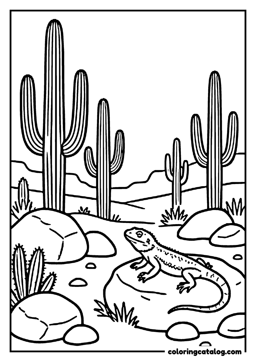 Nature coloring page of Saguaro cactuses in the desert with a lizard sunning on a rock