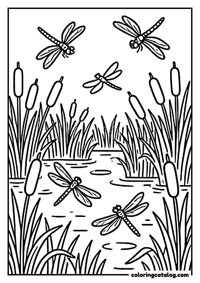Nature coloring page of Dragonflies darting over a pond fringed with cattails