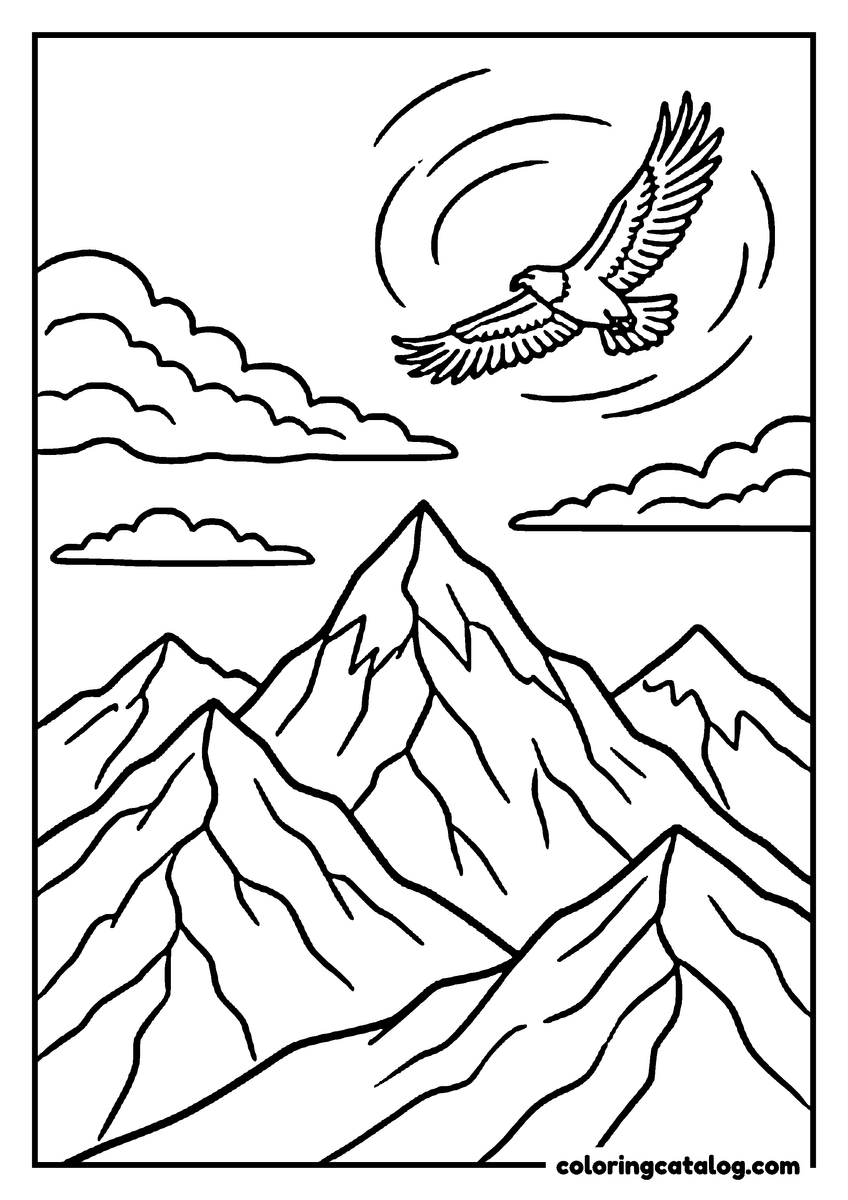 Nature coloring page of an eagle soaring over a range of snowy mountain peaks