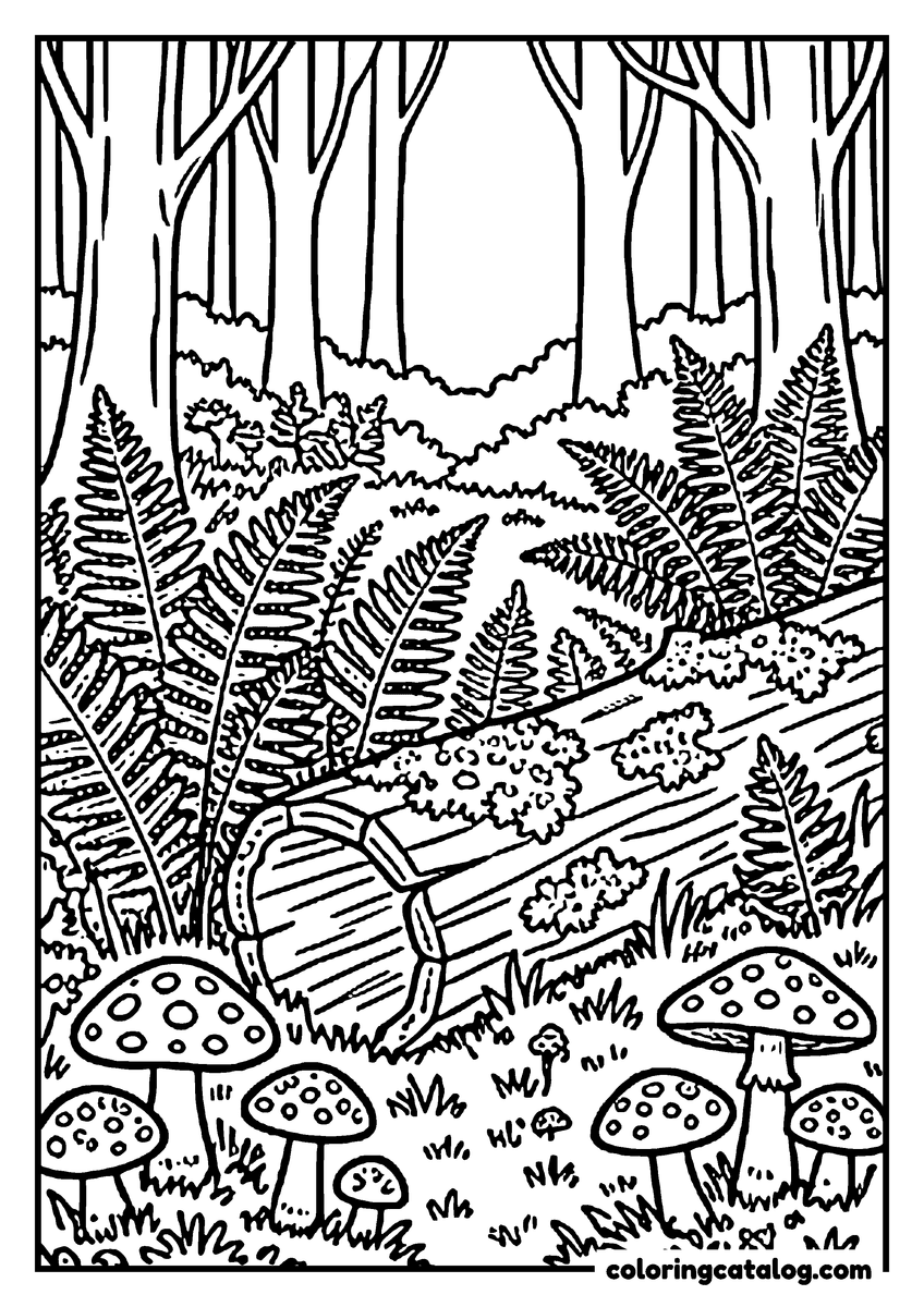 Nature coloring page of a fallen log in the forest surrounded by ferns and spotted toadstools