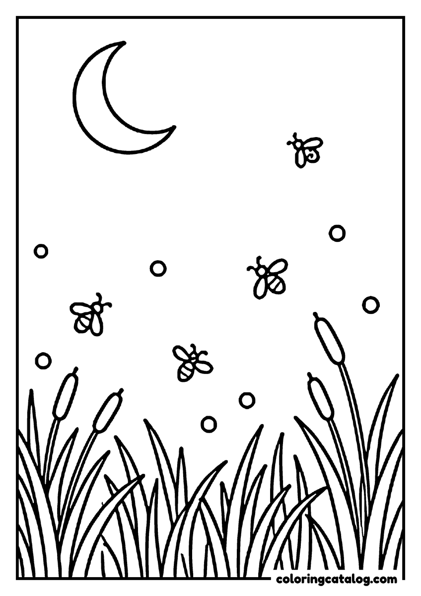 Nature coloring page of Fireflies glowing over tall reeds under a crescent moon