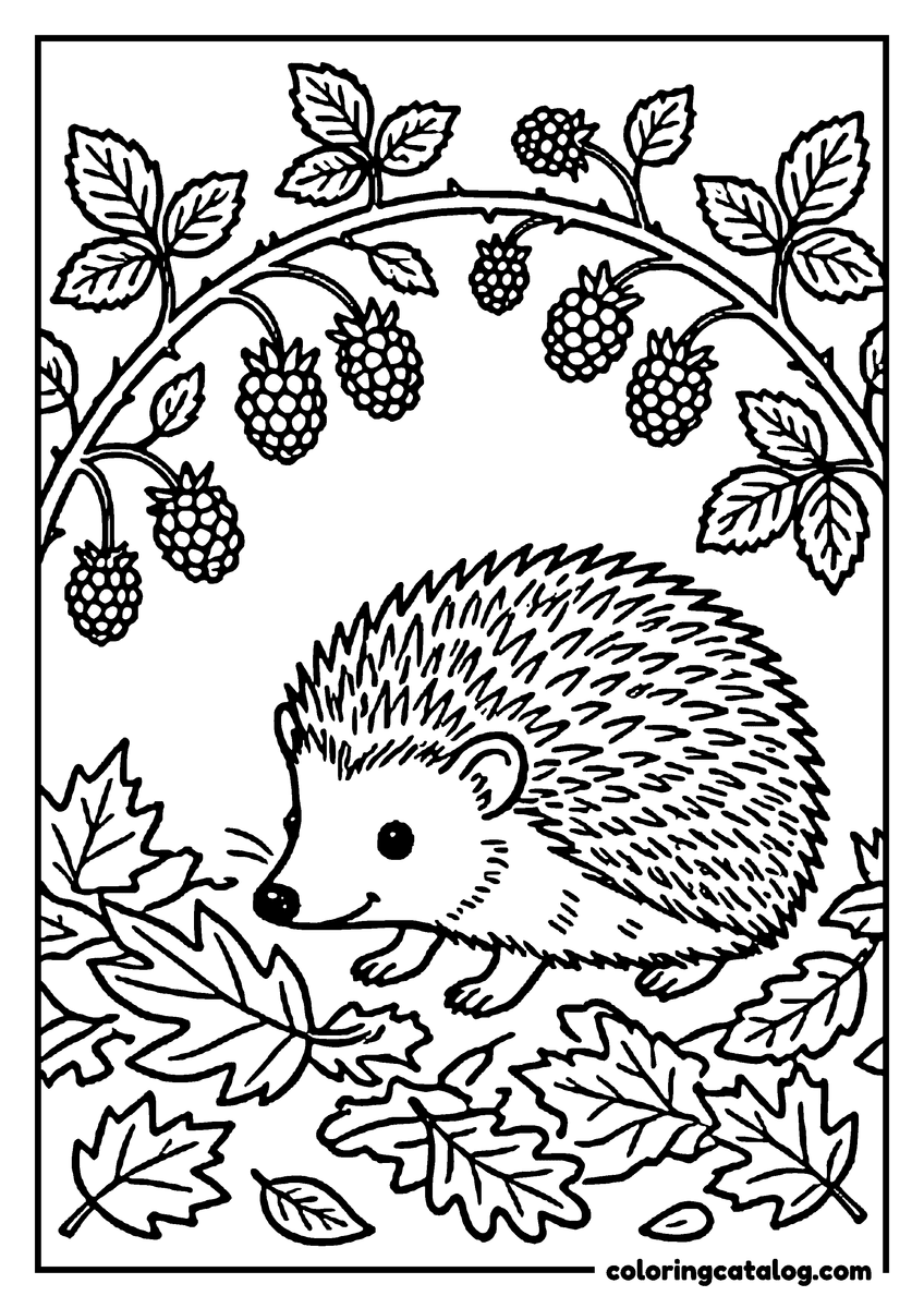 Nature coloring page of a hedgehog in fallen leaves under an arch of blackberries