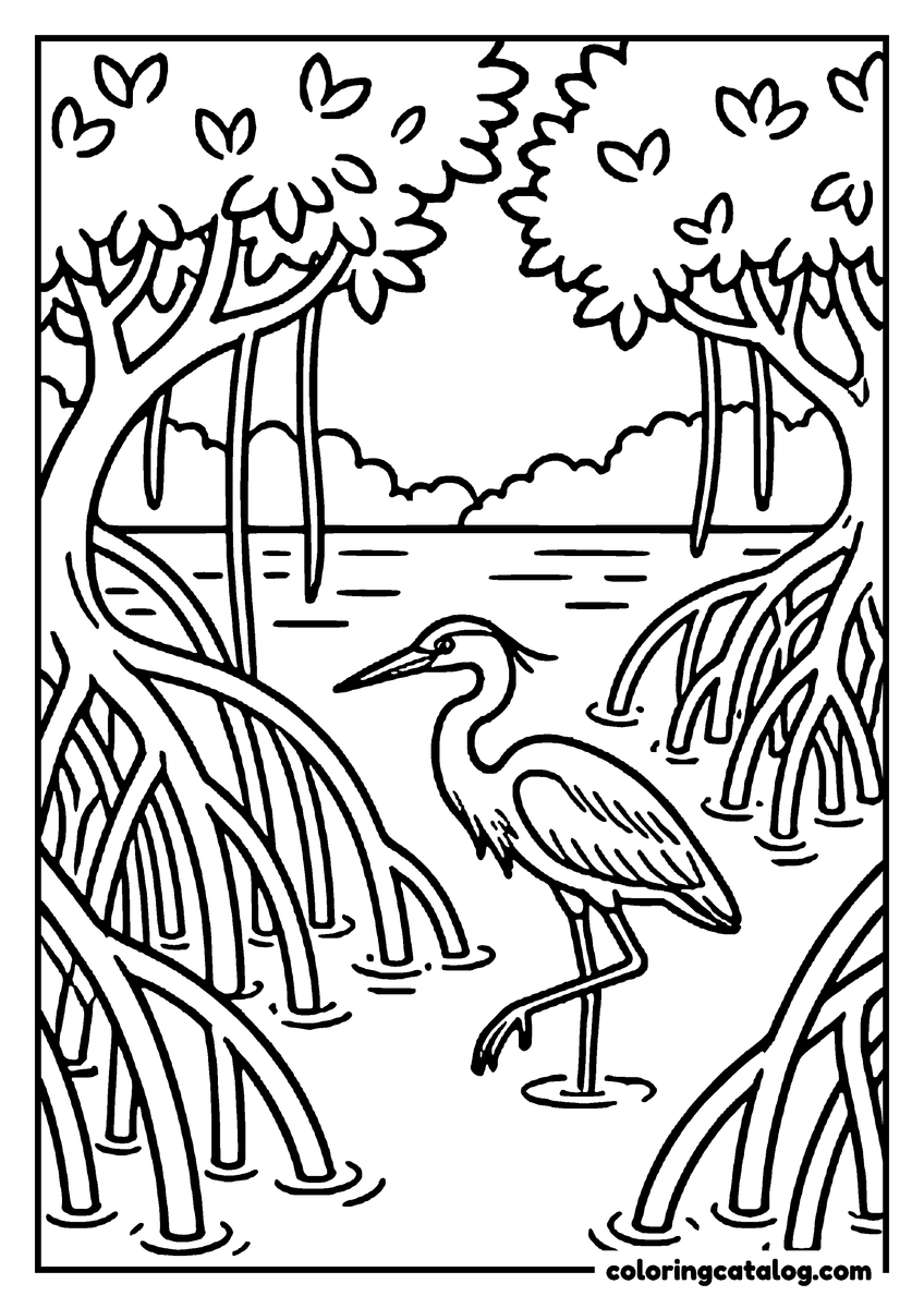 Nature coloring page of a heron wading between the tangled roots of mangrove trees