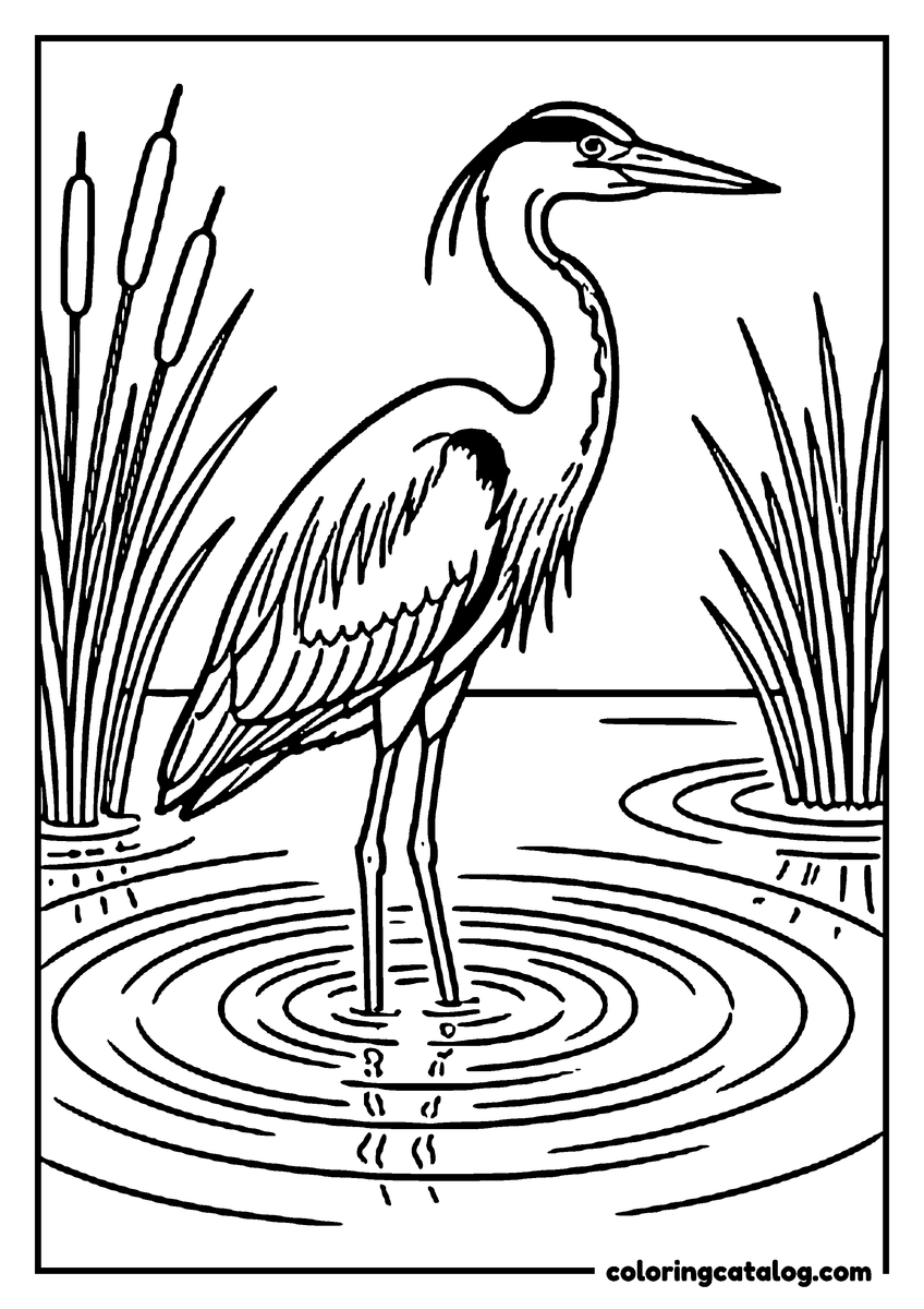 Nature coloring page of a heron standing in a still pond between clumps of cattails
