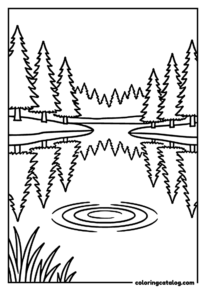 Nature coloring page of a calm lake reflecting a line of pine trees