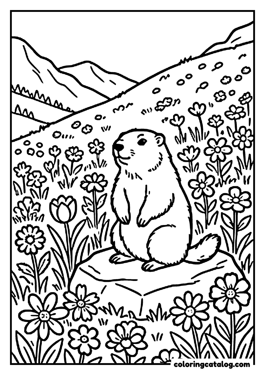 Nature coloring page of a marmot sitting on a rock in a mountain meadow full of flowers