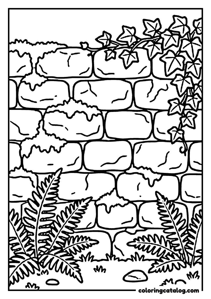 Nature coloring page of a mossy stone wall with ivy climbing over it and ferns at its foot