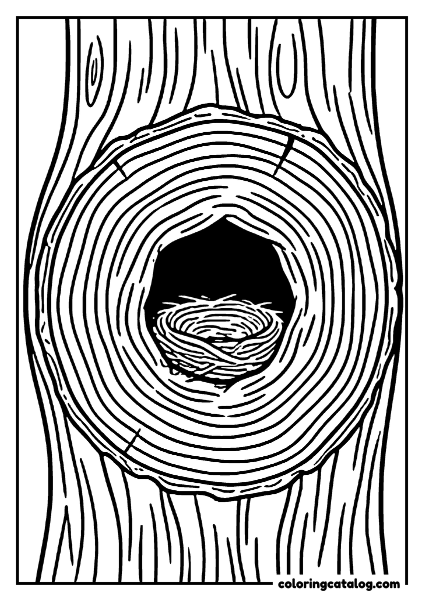 Nature coloring page of a bird nest tucked inside a hollow in a tree trunk
