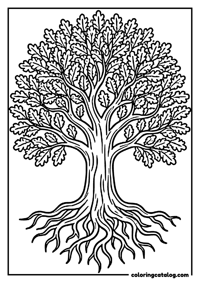 Nature coloring page of a great oak tree in full leaf with its roots spreading over the ground