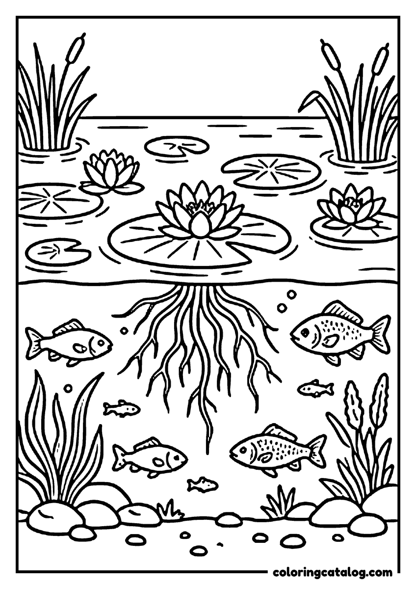 Nature coloring page of Water lilies on the surface of a pond and fish swimming among the roots below