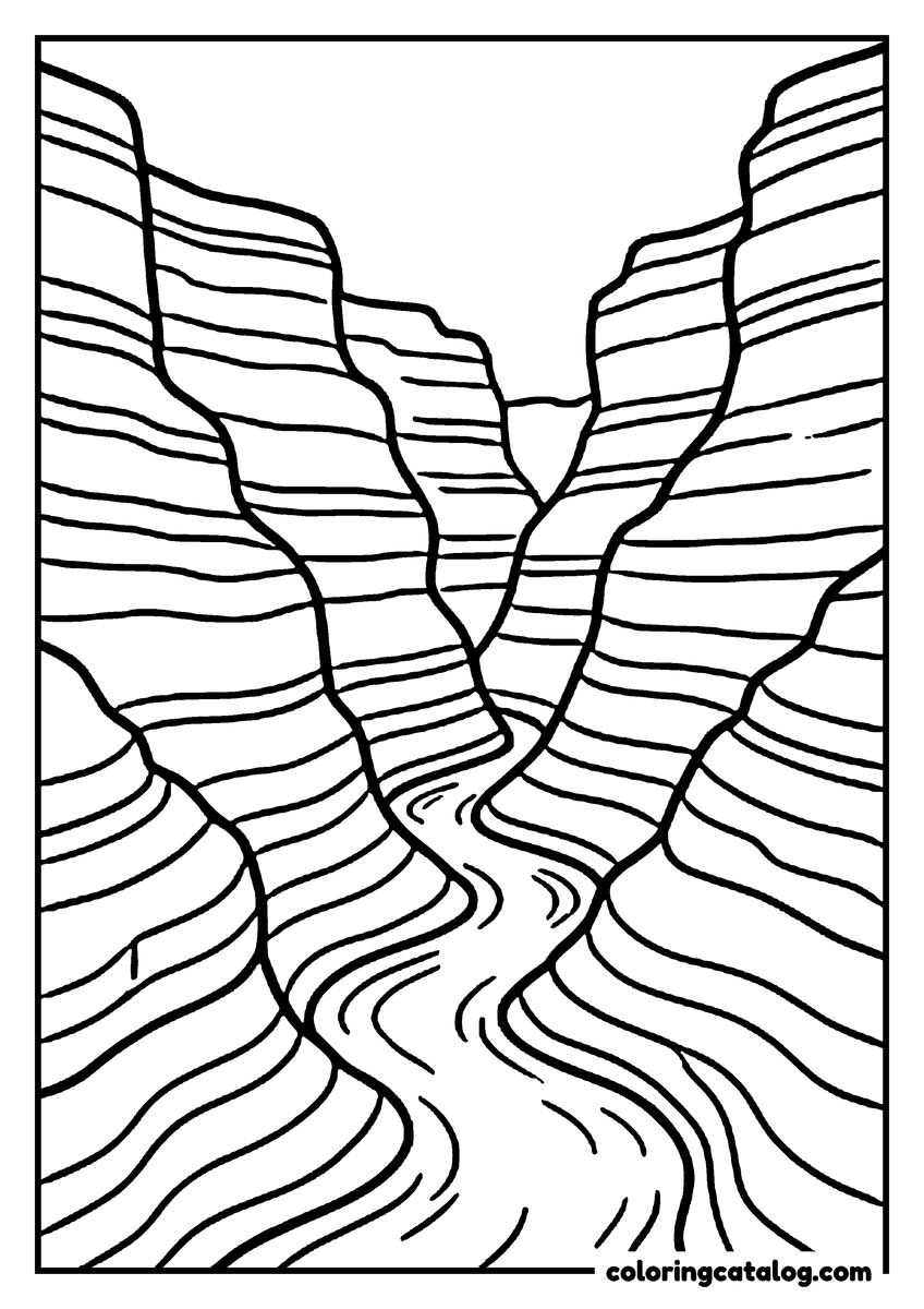Nature coloring page of a river winding through the layered walls of a canyon