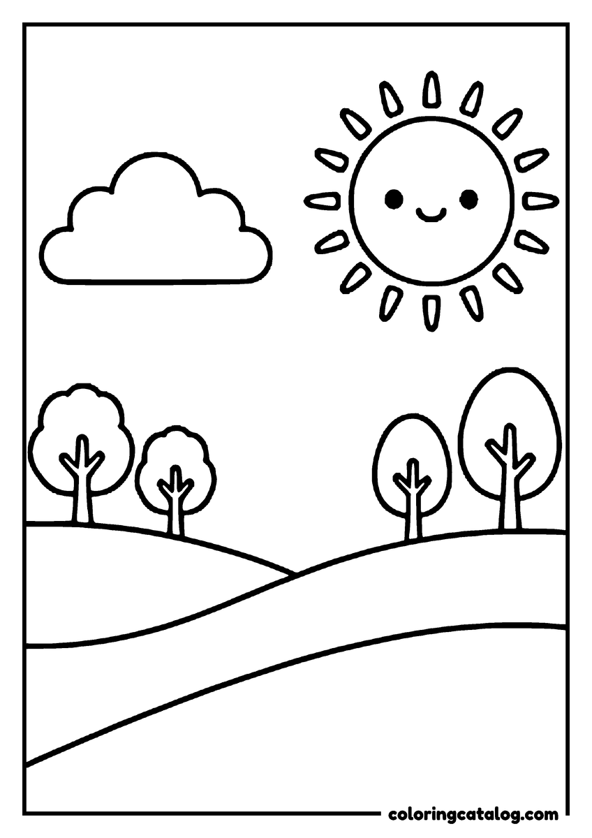 Nature coloring page of a smiling sun and a cloud over round hills and little trees