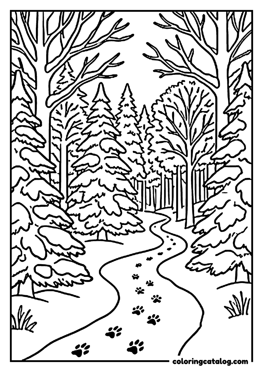 Nature coloring page of a snowy forest trail with animal paw prints between the pines