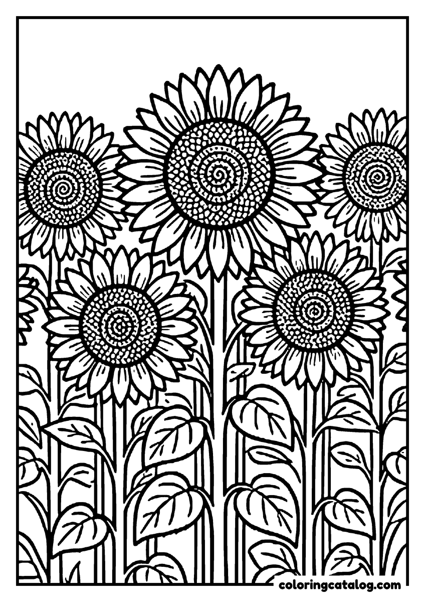 Nature coloring page of Tall sunflowers crowded together in a field