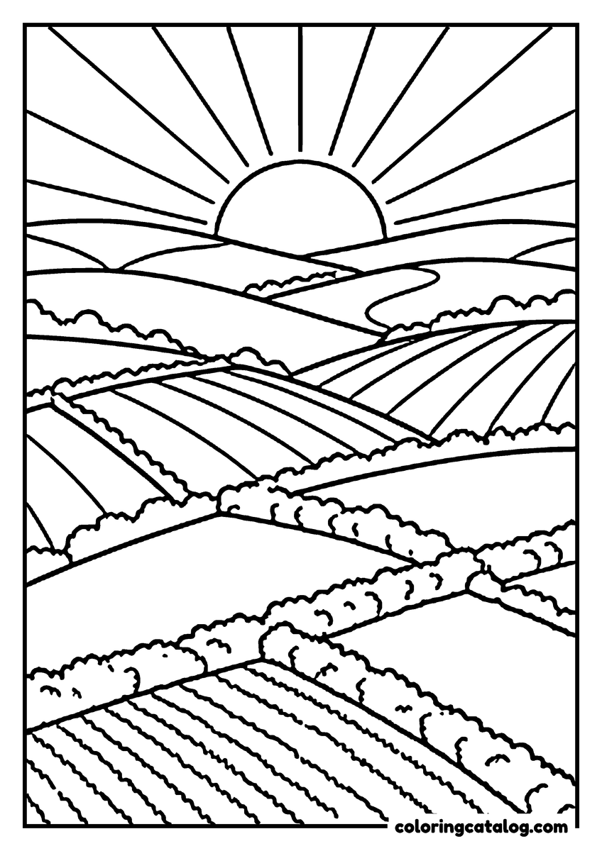 Nature coloring page of the sun rising over rolling farm fields and hedgerows
