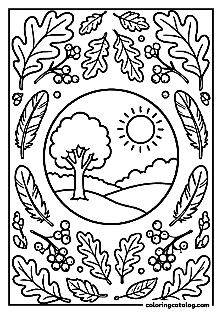 Nature coloring page of a tree on a hill framed by oak leaves, berries and feathers