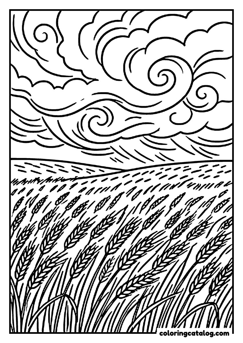 Nature coloring page of a wheat field bending in the wind under swirling clouds