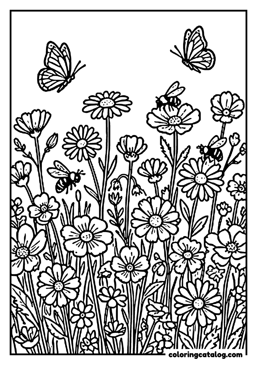 Nature coloring page of a meadow of wildflowers with bees and butterflies overhead