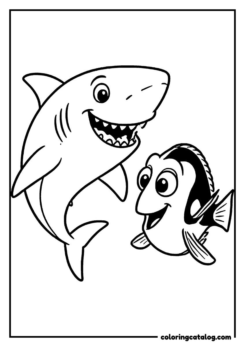 Nemo coloring page of Bruce the shark grinning next to Dory