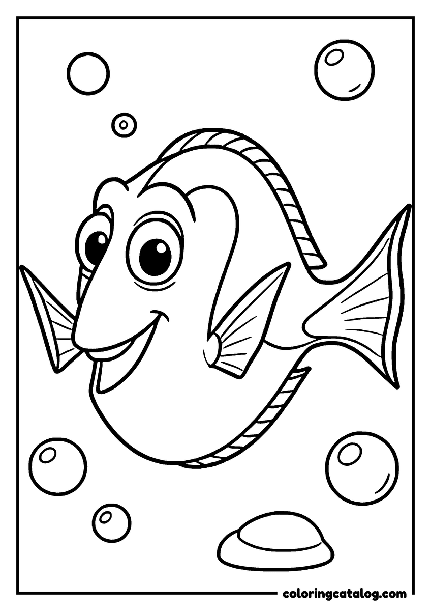 Nemo coloring page of Dory swimming among bubbles