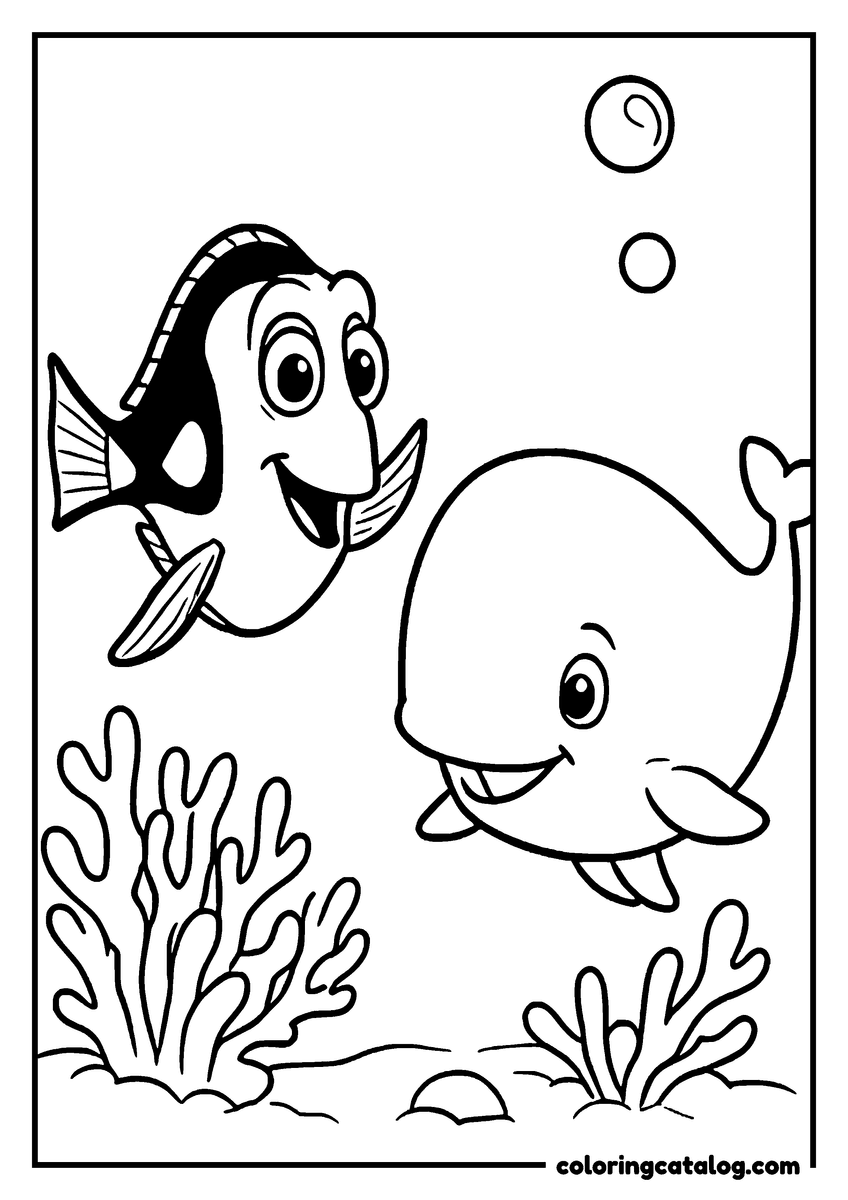 Nemo coloring page of Dory swimming next to a friendly whale