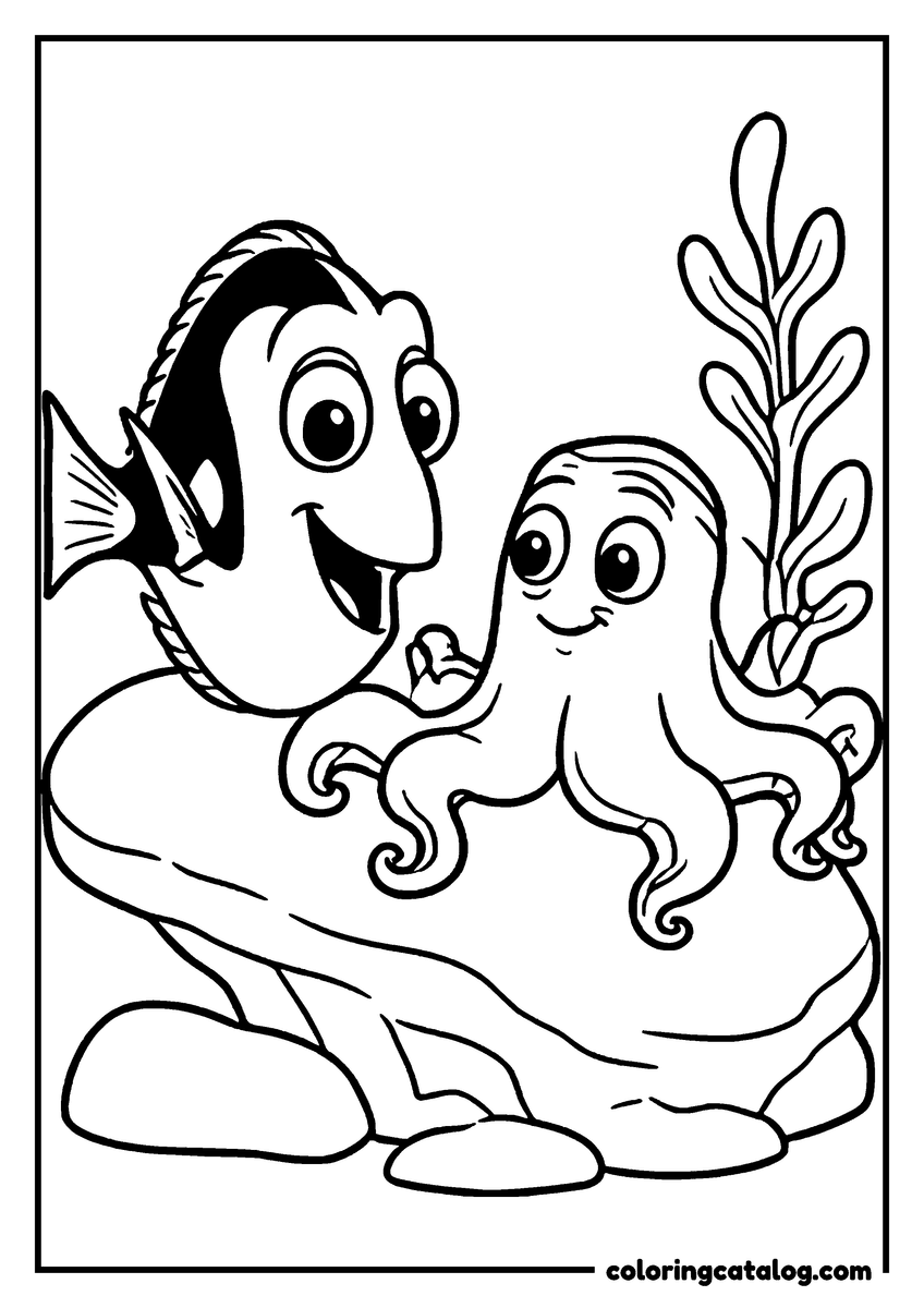Nemo coloring page of Dory and Pearl the octopus on a rock