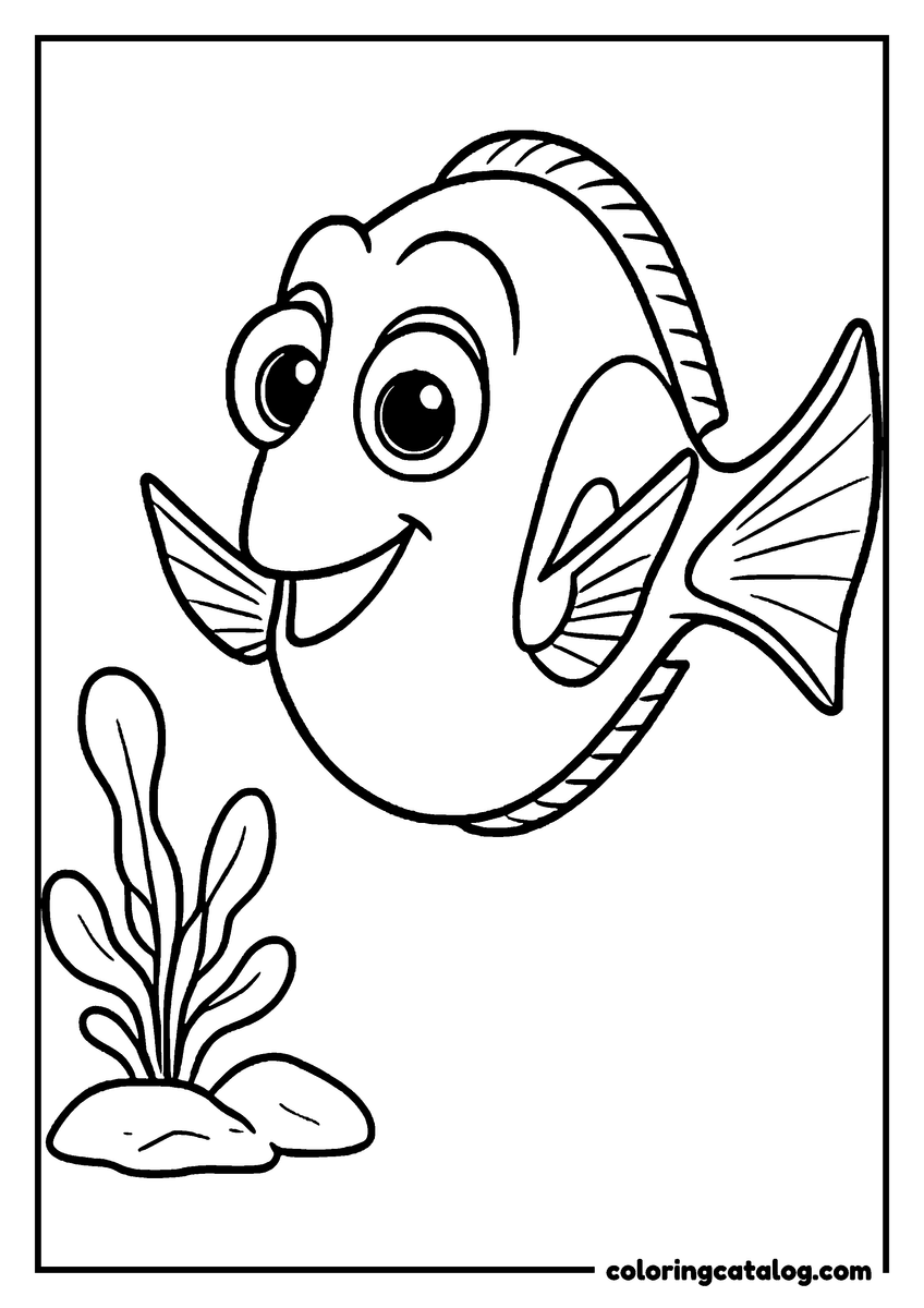 Nemo coloring page of Dory smiling next to a tuft of seaweed