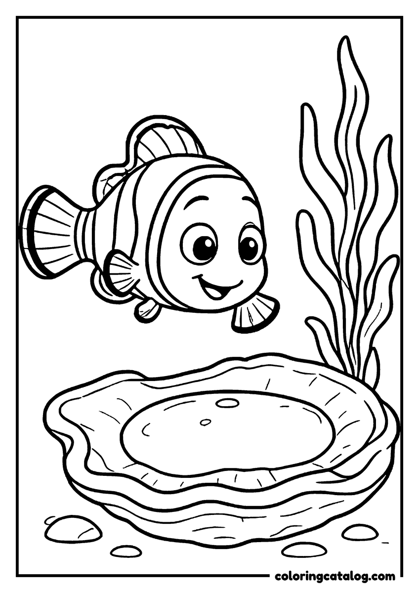 Nemo coloring page of Nemo swimming above an open giant clam