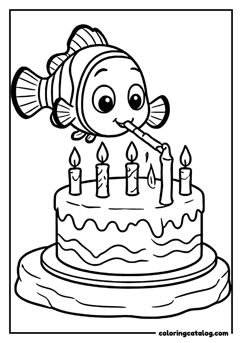 Nemo coloring page of Nemo leaning over an underwater birthday cake with candles