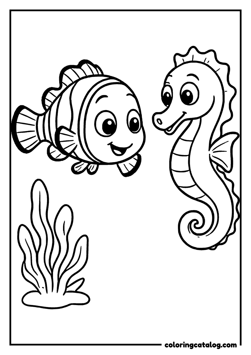 Nemo coloring page of Nemo swimming next to a seahorse
