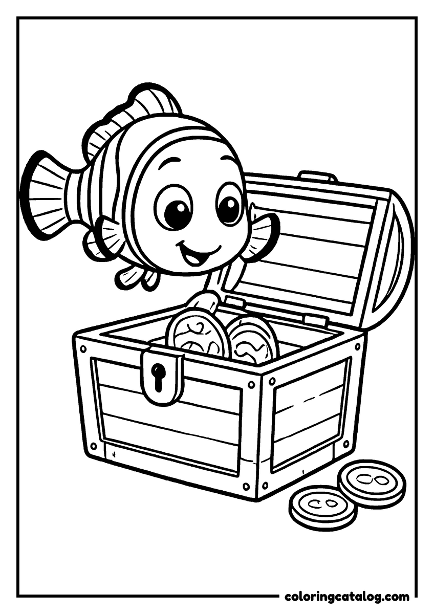 Nemo coloring page of Nemo swimming out of a treasure chest full of coins