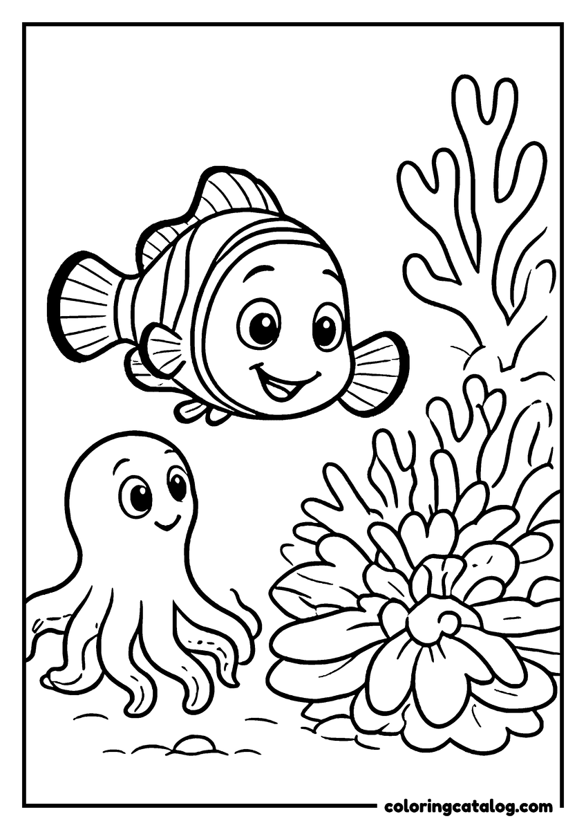 Nemo coloring page of Nemo swimming above a little octopus by the coral