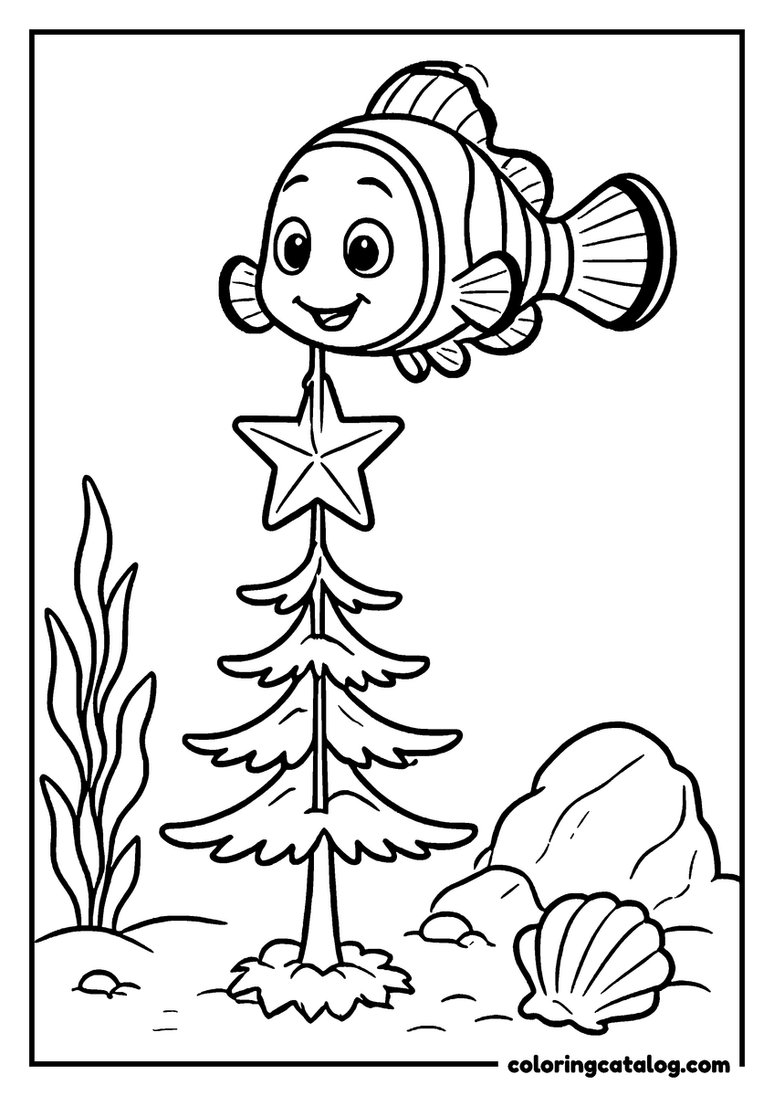 Nemo coloring page of Nemo swimming above a little Christmas tree on the sea floor