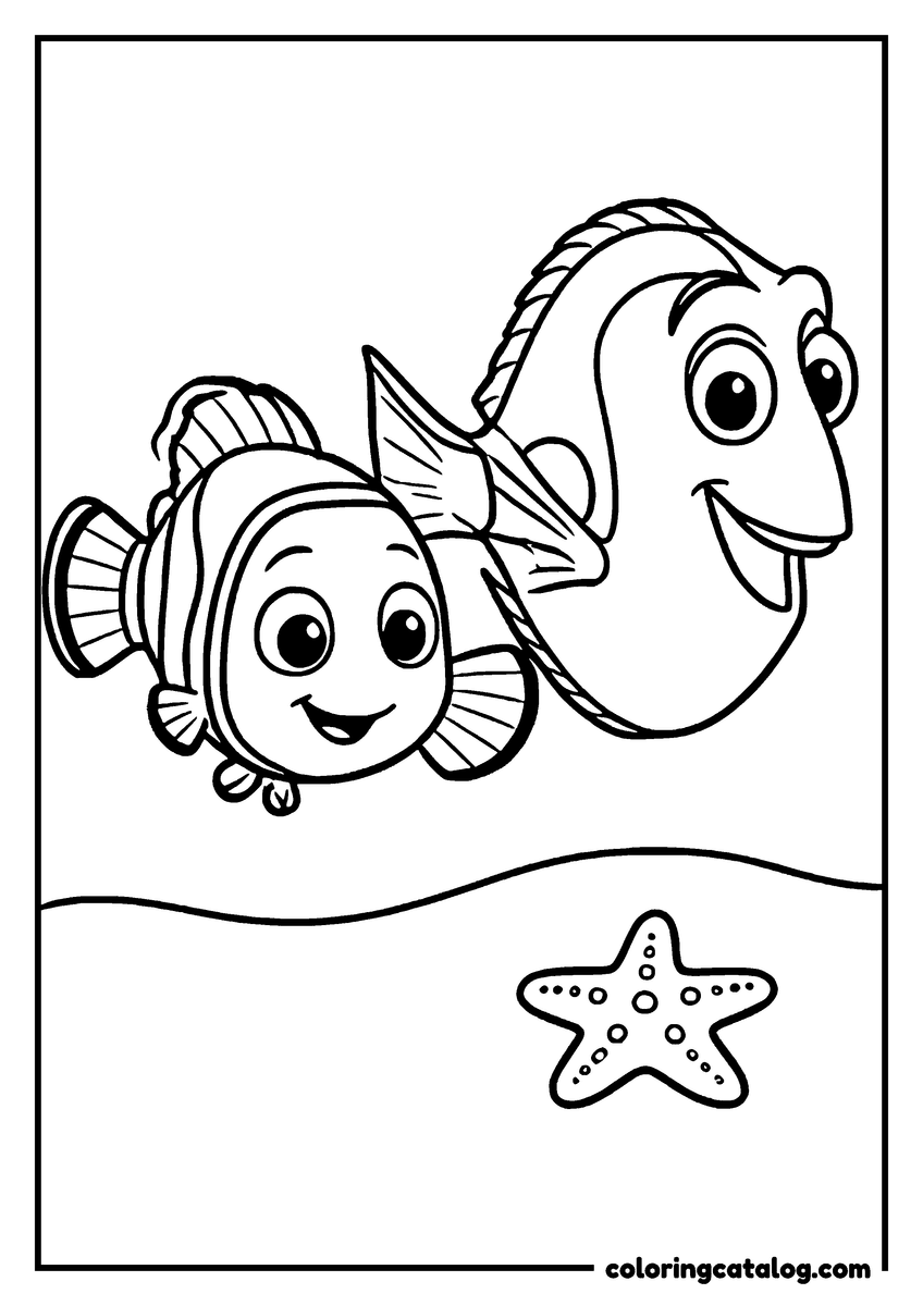 Nemo coloring page of Nemo and Dory swimming together above a starfish