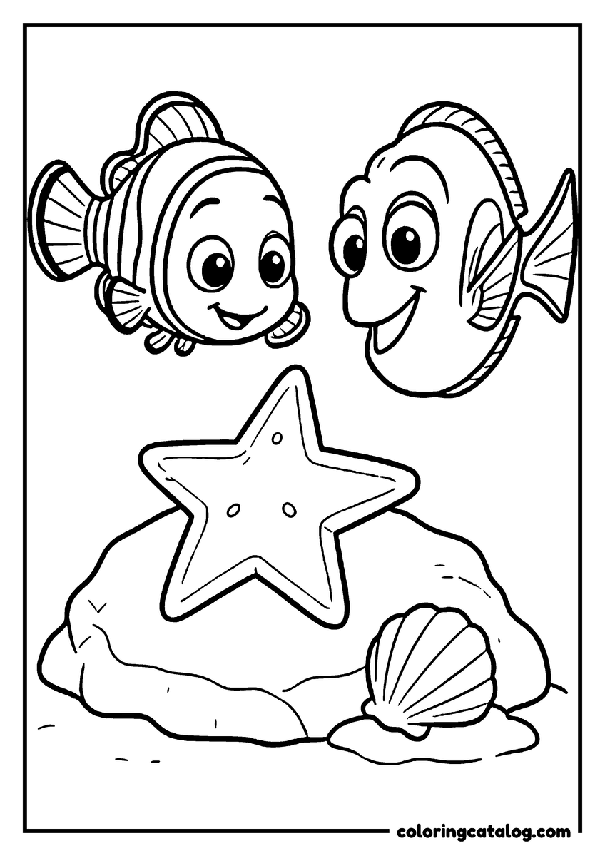 Nemo coloring page of Nemo and Dory looking at a starfish on a rock