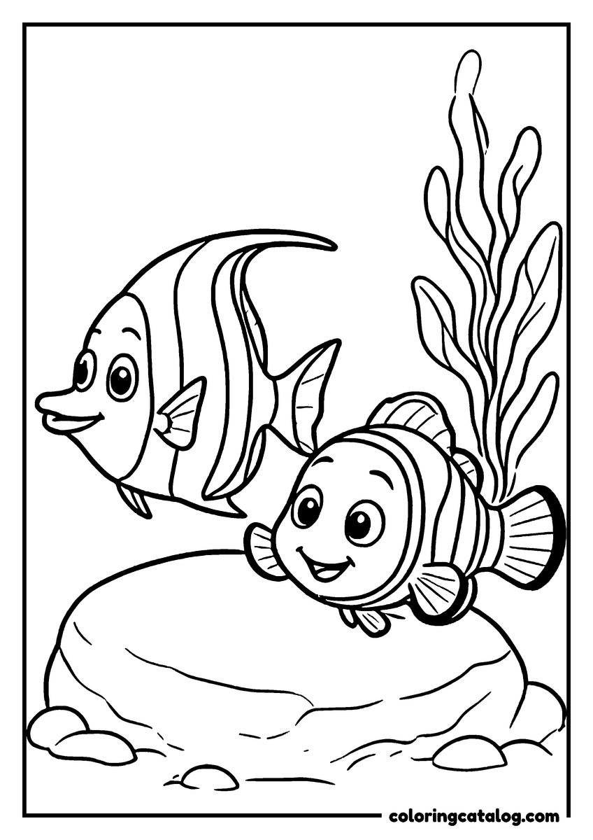 Nemo coloring page of Nemo and Gill the Moorish idol swimming by a rock