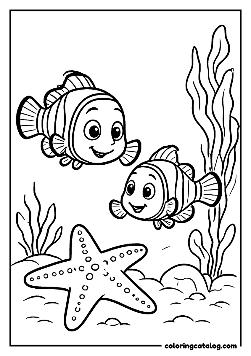 Nemo coloring page of Nemo and Marlin swimming above a starfish and seaweed