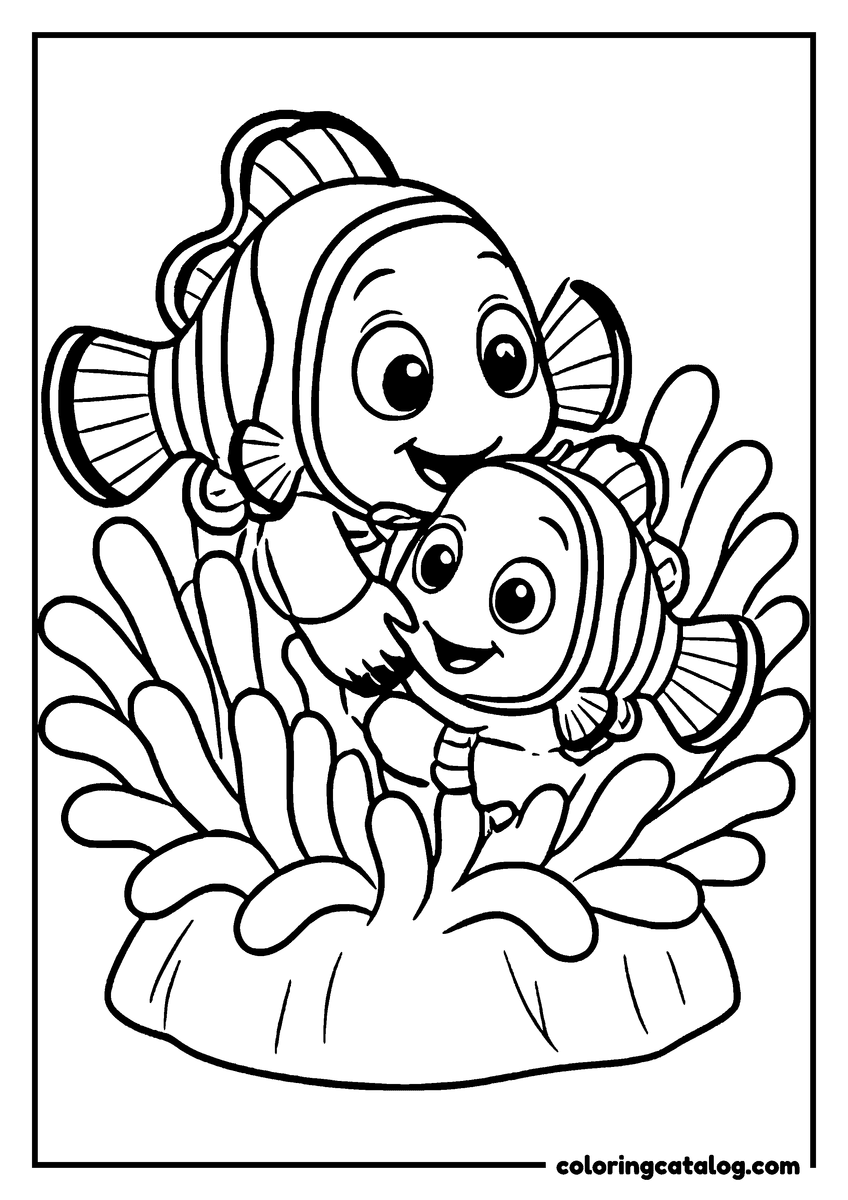 Nemo coloring page of Nemo and his dad Marlin hugging in their anemone