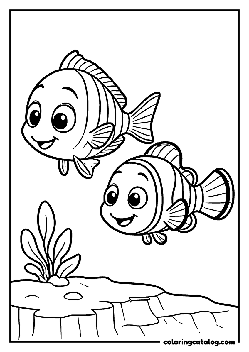 Nemo coloring page of Nemo and Marlin swimming over the edge of the reef