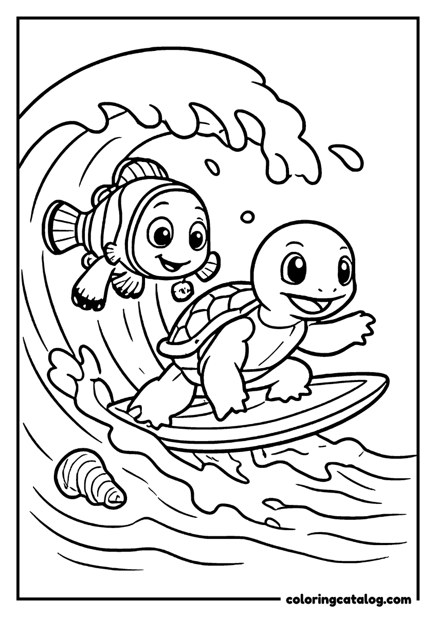 Nemo coloring page of Nemo and Squirt the baby turtle surfing a wave